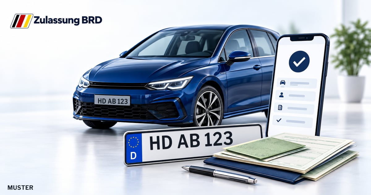 Online Fahrzeugzulassung in Walldorf: Musterkennzeichen HD AB 123, Auto und Fahrzeugpapiere und Smartphone. Illustration mit Logo von Zulassung BRD.